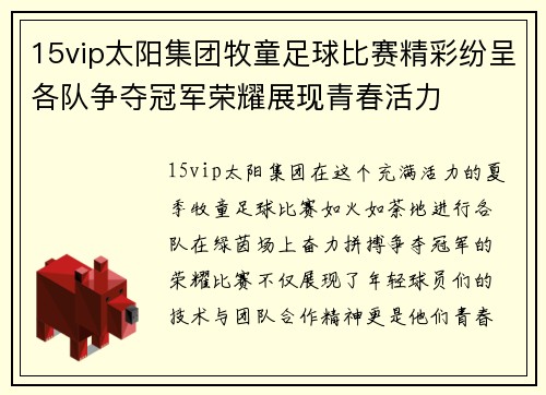 15vip太阳集团牧童足球比赛精彩纷呈各队争夺冠军荣耀展现青春活力